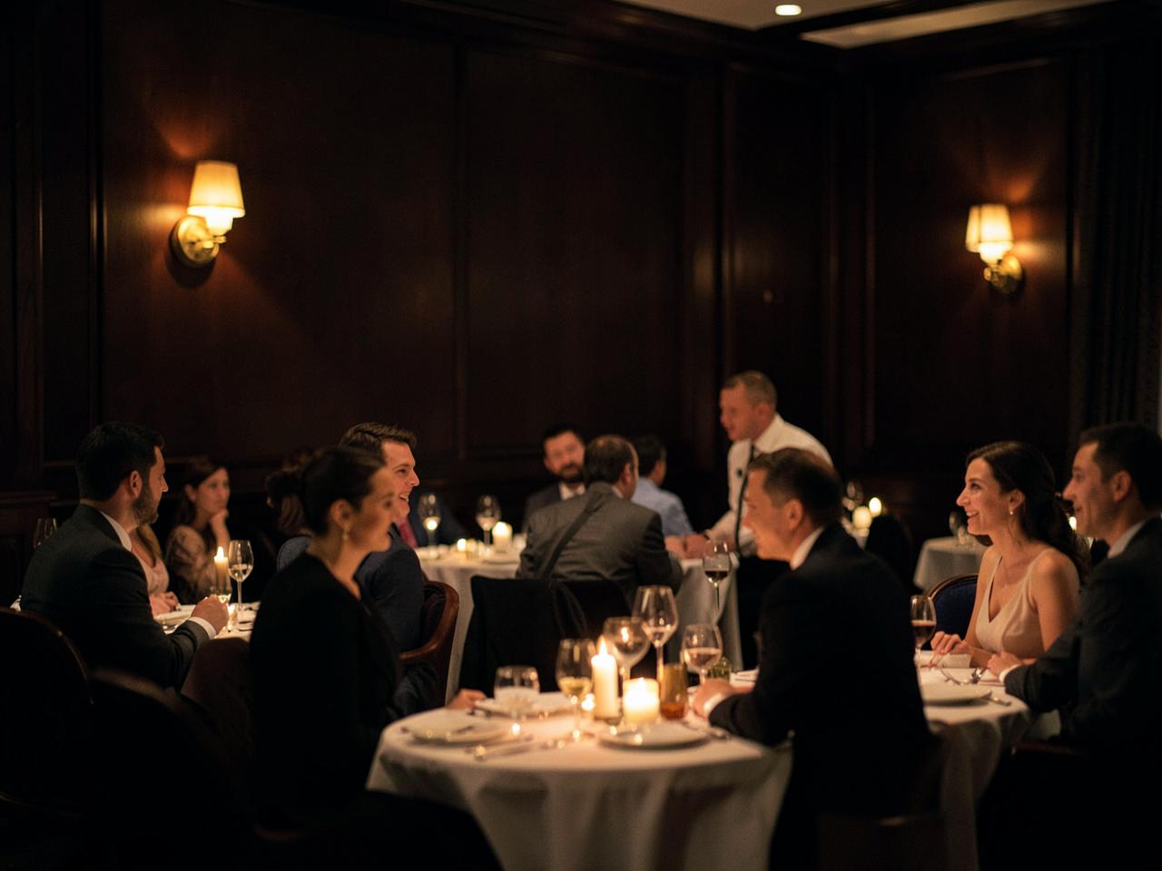 Guests dining in a hotel restaurant while a waiter talks with them