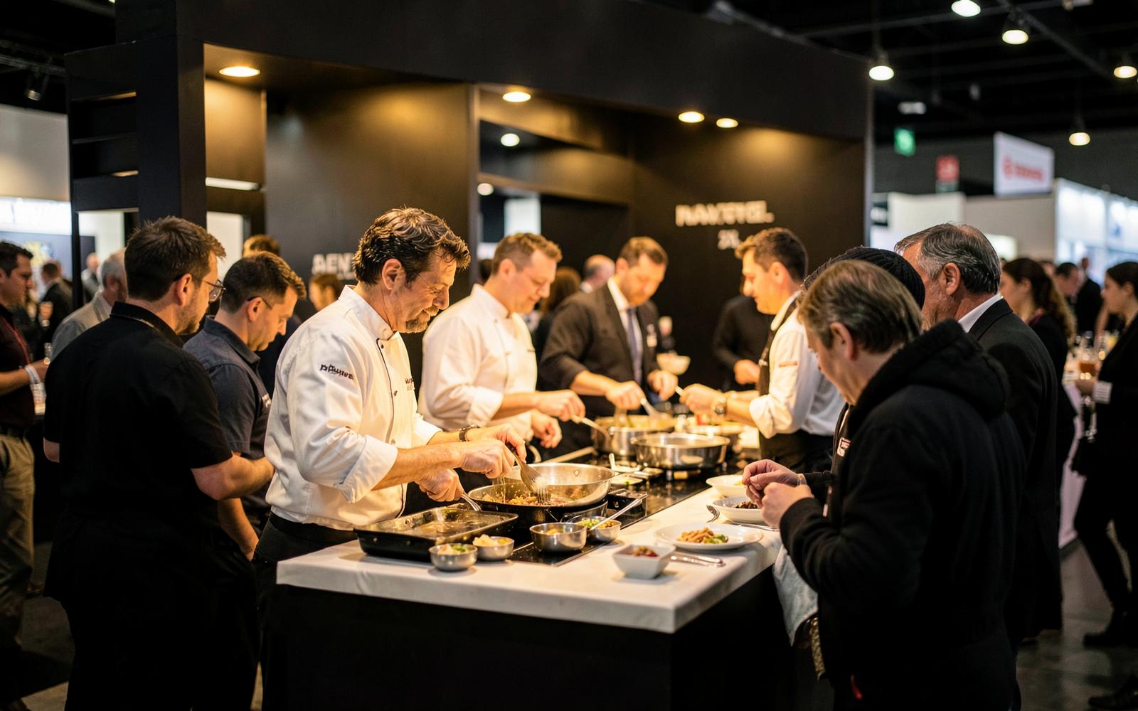 Chefs cooking live on a trade-show stand while visitors taste